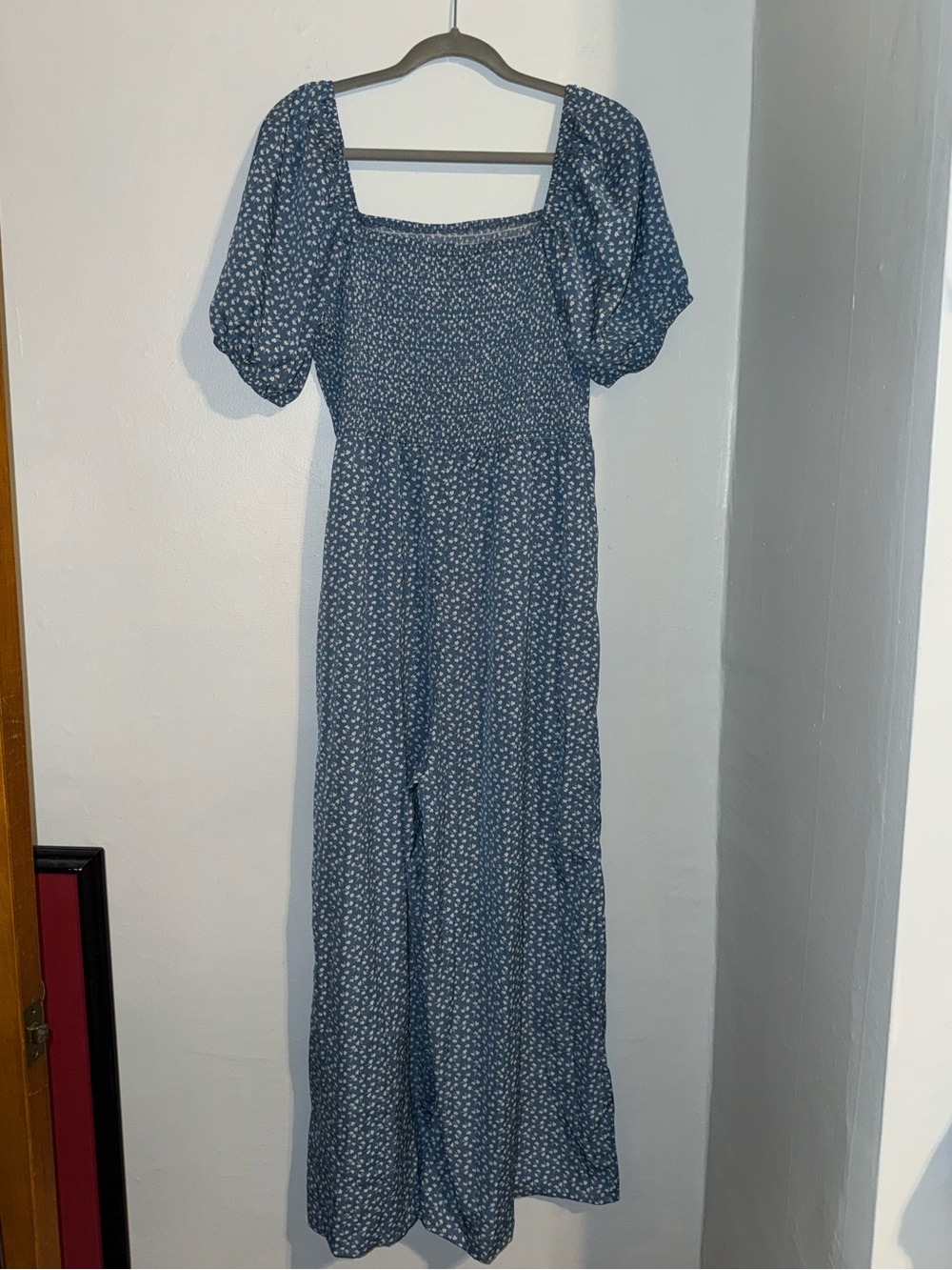 Smocked Square-Neck Blue Floral Pantsuit